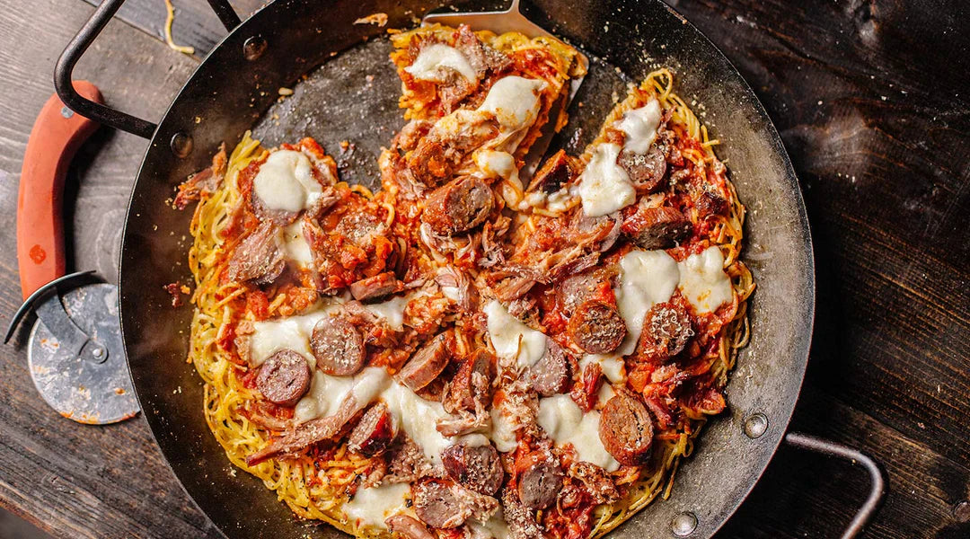 Spaghetti Pizza with Pulled Pork and Italian Sausage