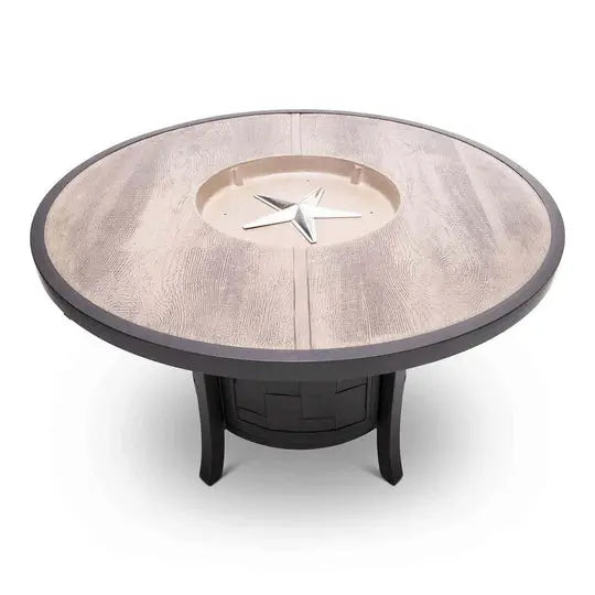 Castelle Classical 49 inch Round Fire Pit Dining Table with Woodgrain Weathered Wood Top and Antique Walnut Base 12031272