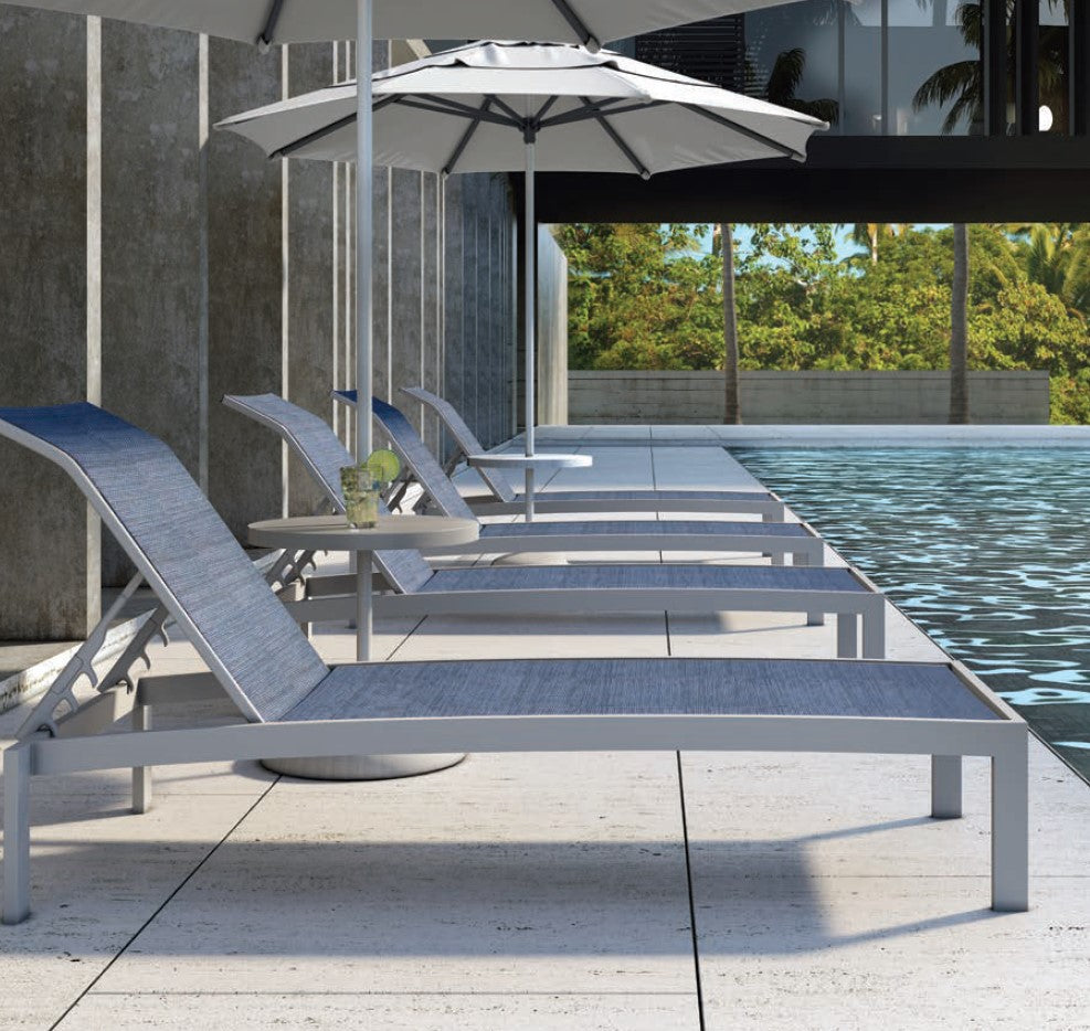 Castelle Orion Adjustable Sling Chaise Lounge with Platinum Tex Finish and Augustine Denim Sling Sunloungers 12038581