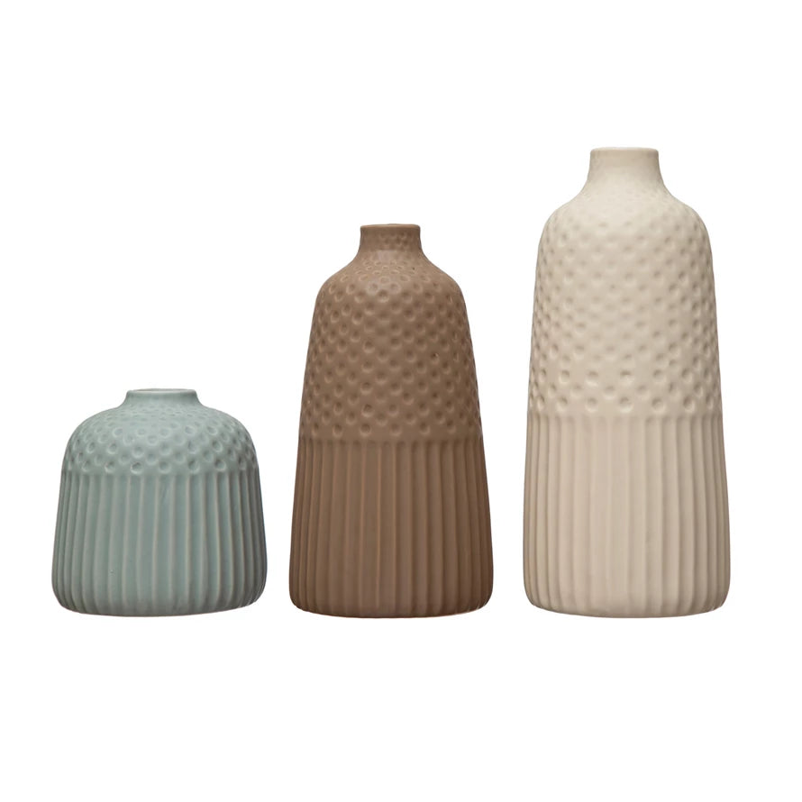 Debossed Stoneware Vases with Matte Glaze