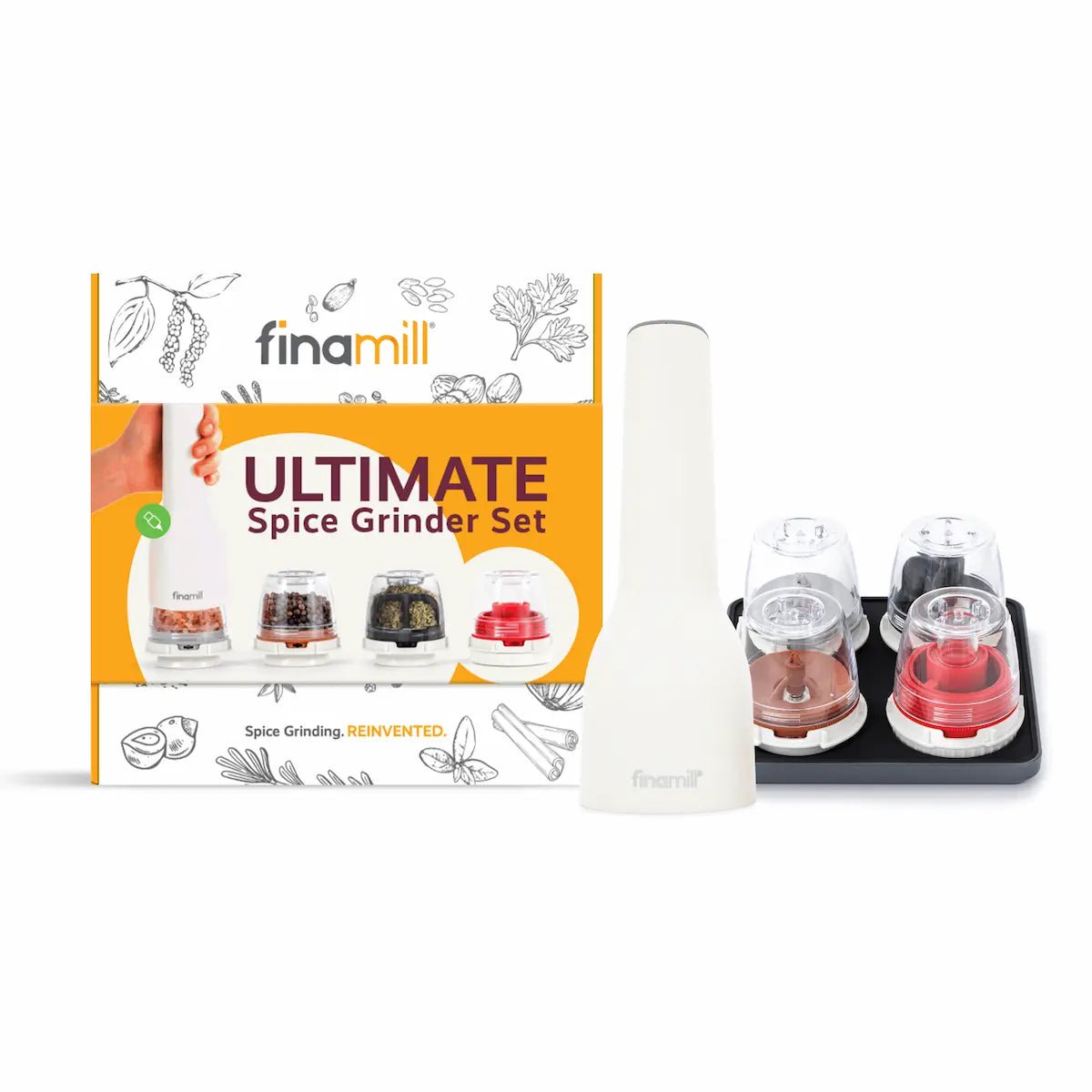 FinaMill Ultimate Gift Pack USB Mill with 4 Pods and Tray Spice Grinders