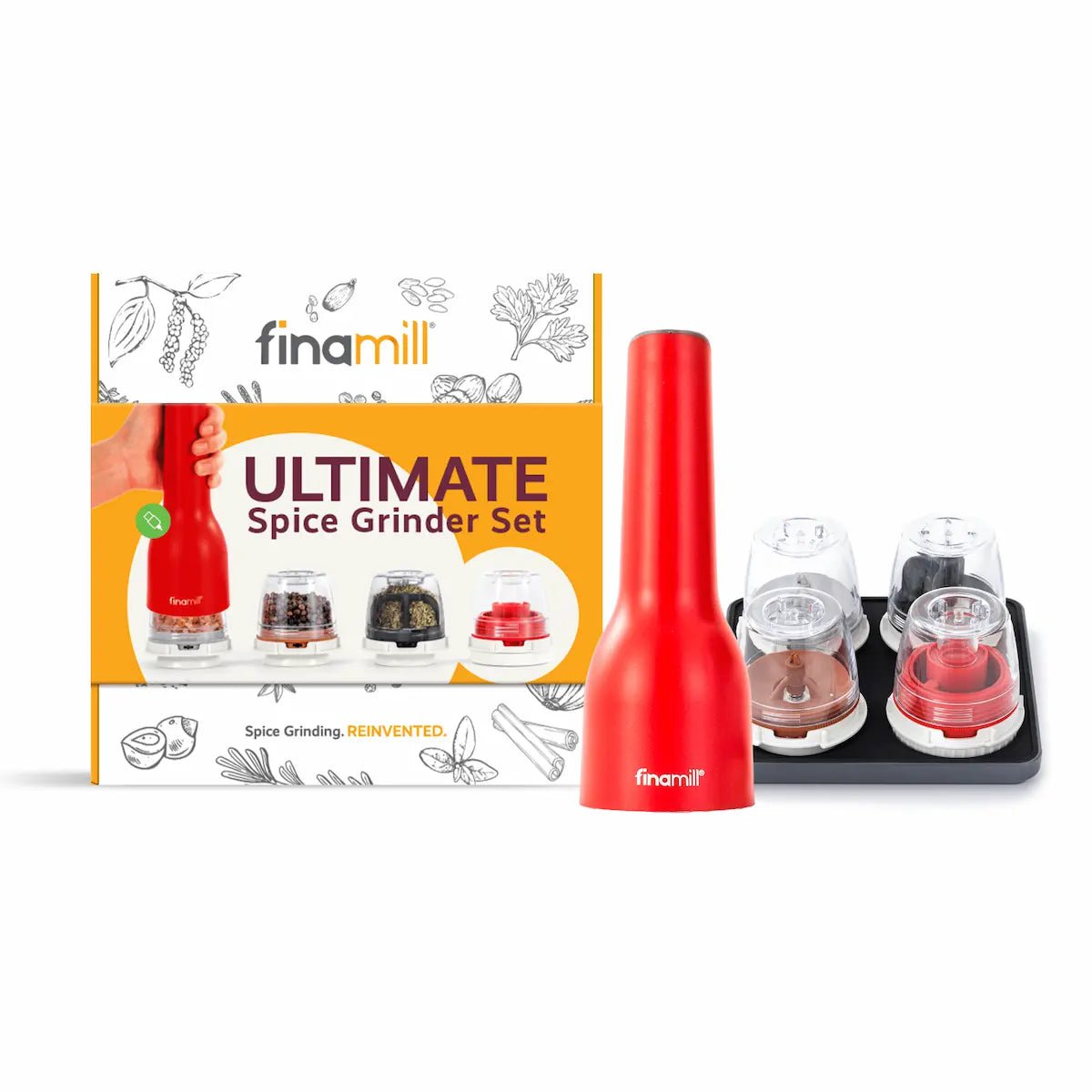 FinaMill Ultimate Gift Pack USB Mill with 4 Pods and Tray Spice Grinders