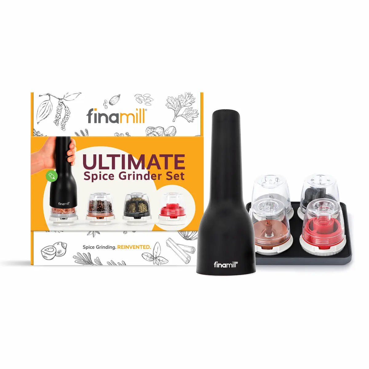 FinaMill Ultimate Gift Pack USB Mill with 4 Pods and Tray Spice Grinders