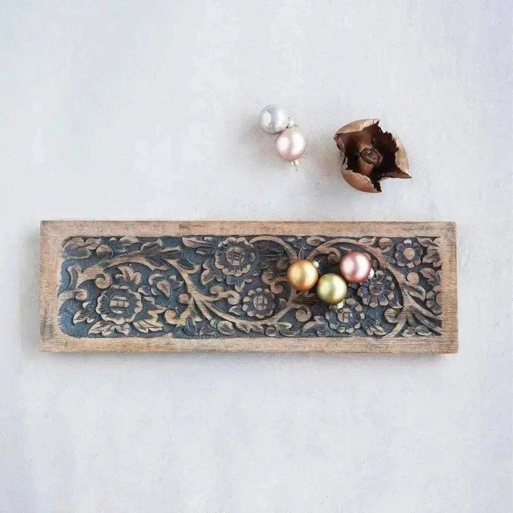 Hand-Carved Mango Wood Tray with Floral Motif Decor 12038706