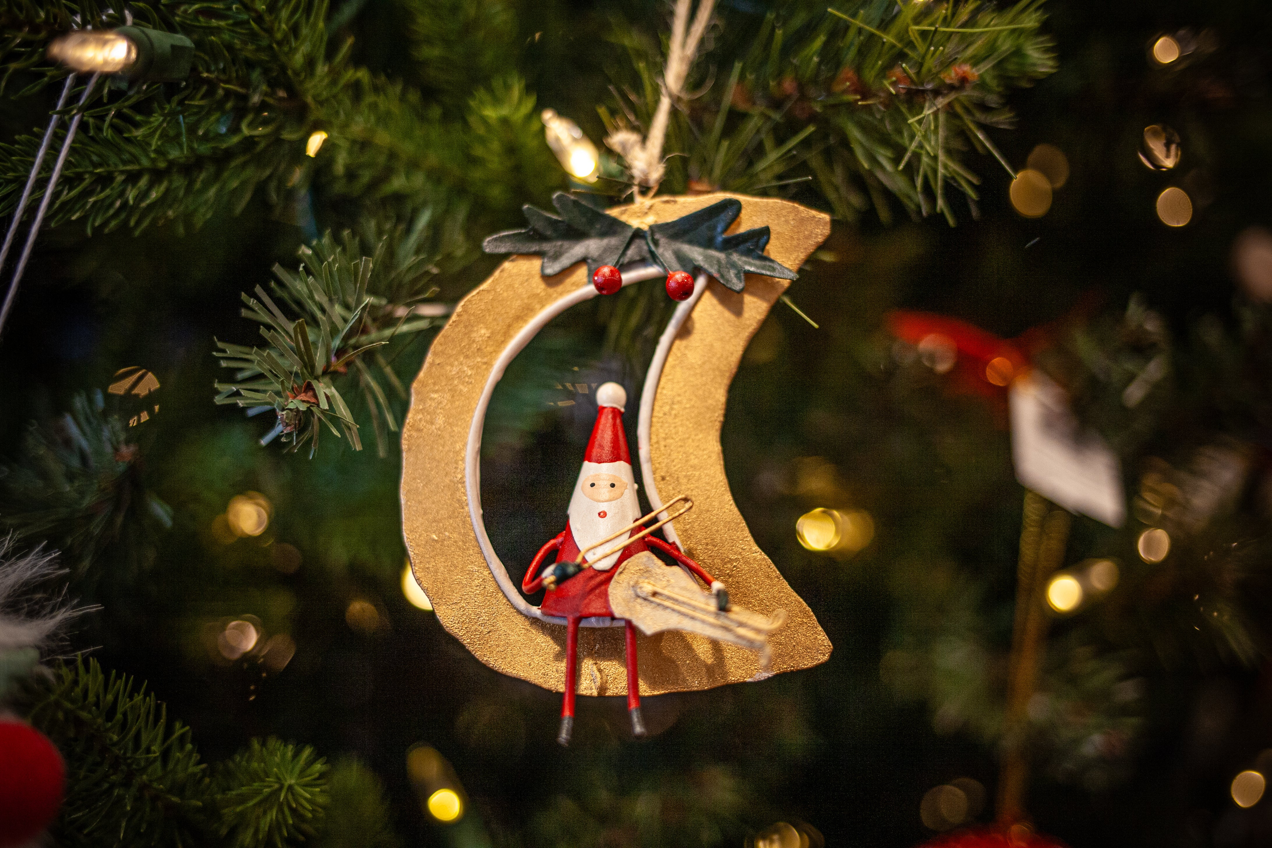 Hand-Painted Tin Santa on Moon Ornament Holiday Ornaments