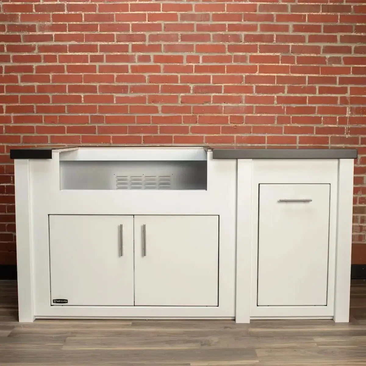 Stoll 71” Pre-Assembled Outdoor Kitchen Island + Napoleon BI32 Prestige Grill Head, White Cabinet with Darkened Iron Top Outdoor Kitchen 12044865