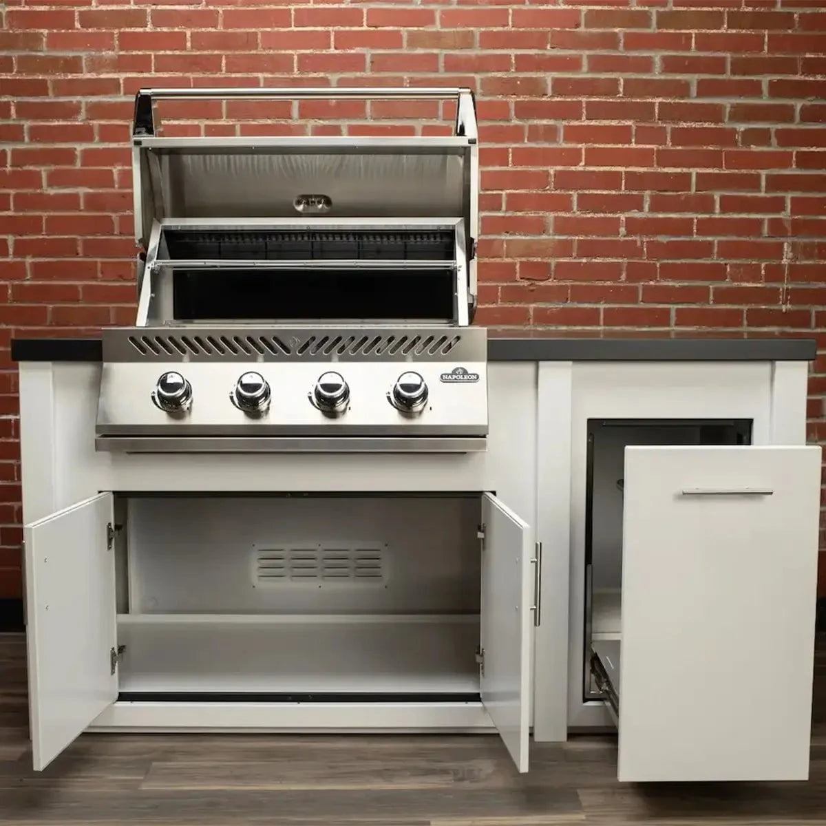 Stoll 71” Pre-Assembled Outdoor Kitchen Island + Napoleon BI32 Prestige Grill Head, White Cabinet with Darkened Iron Top Outdoor Kitchen 12044865