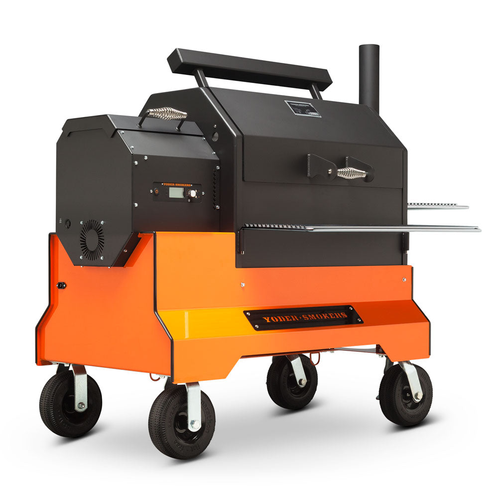 Yoder Smokers YS640s Pellet Grill on Competition Cart Orange / Wire Shelves / 8