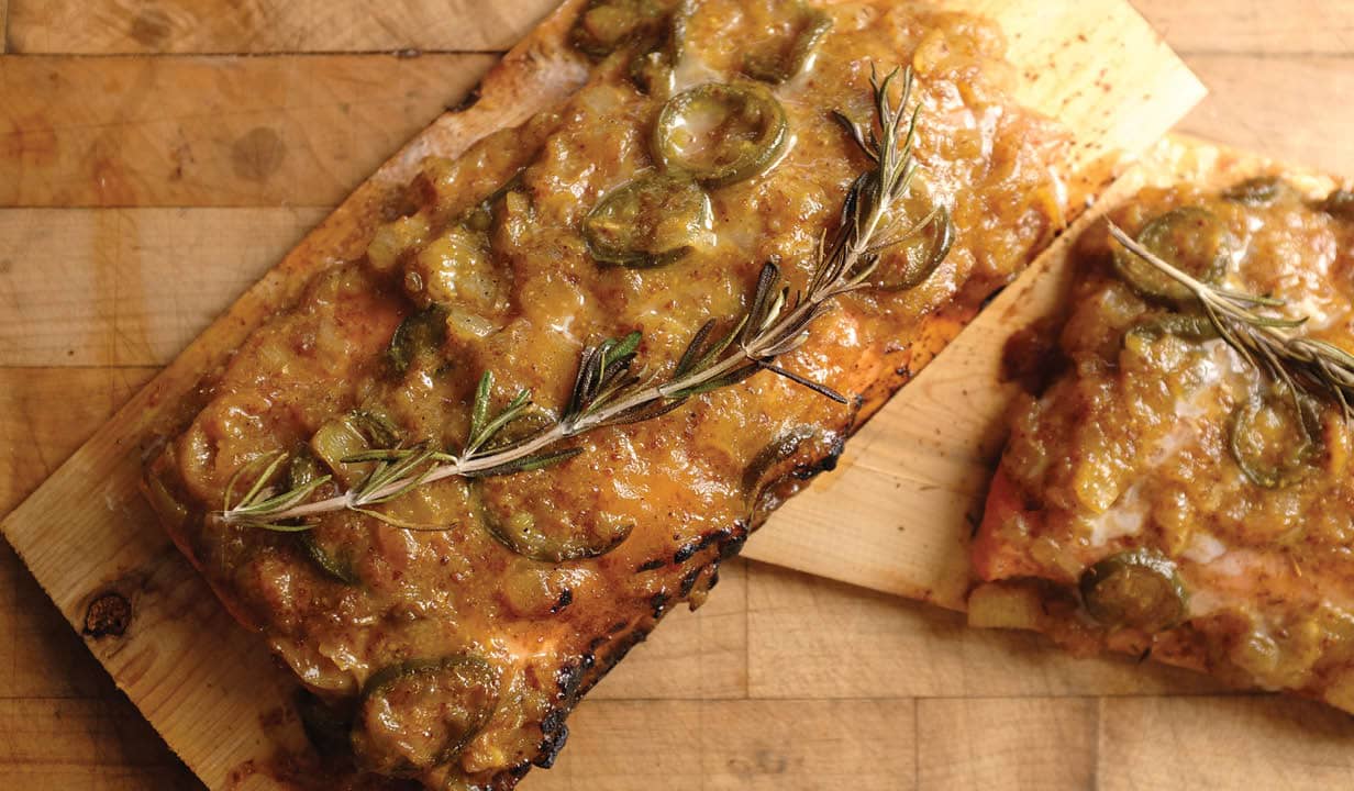 Mango Jalapeño Cedar Plank Salmon on the Pellet Grill