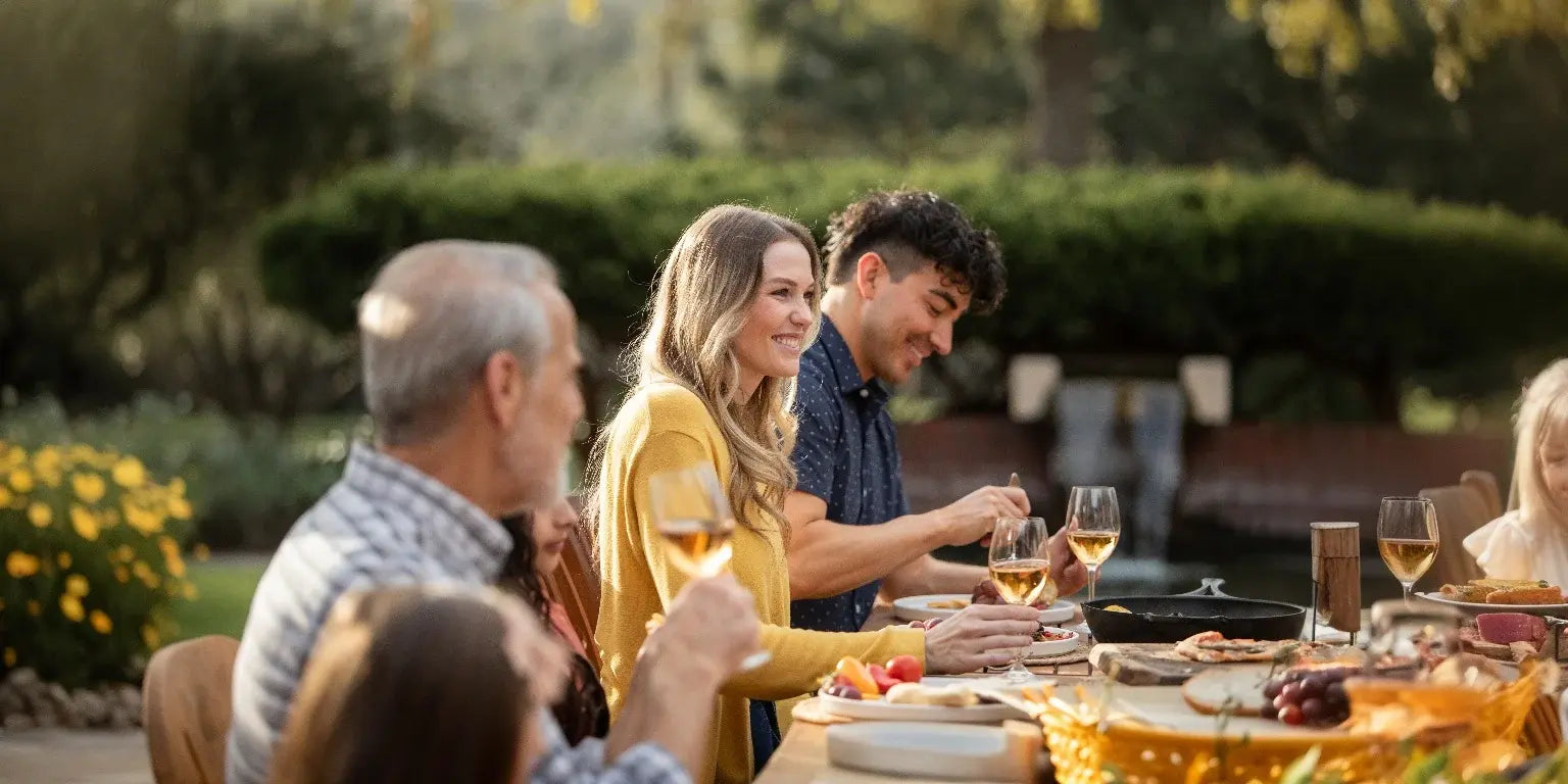 a family dinner on the patio with mom smiling