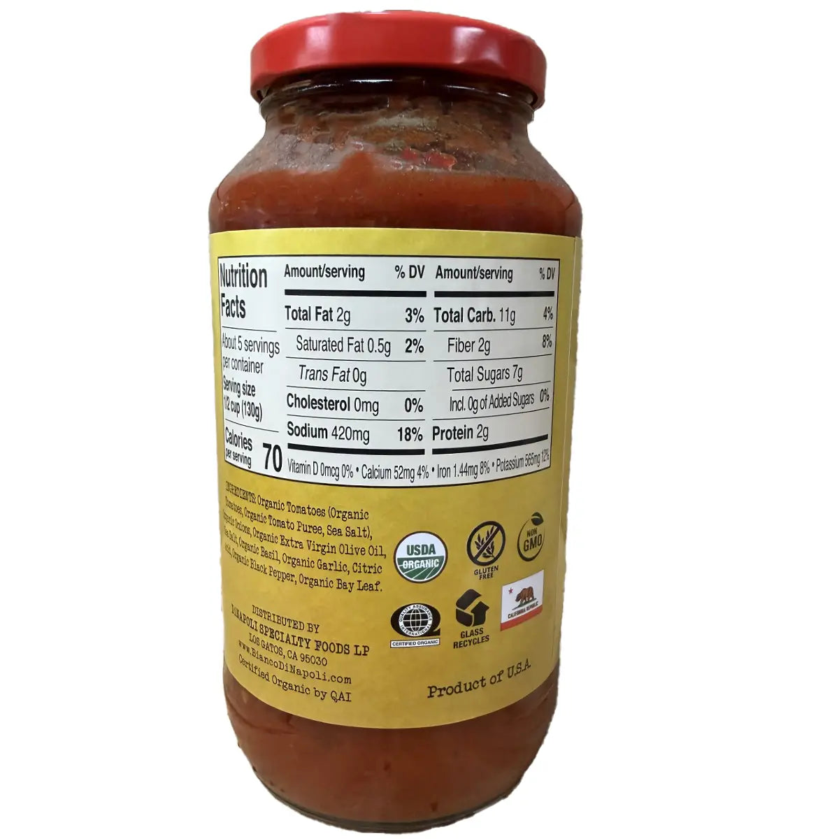 Bianco DiNapoli, Organic Marinara Sauce, 24 oz. Pasta Sauce 12048377