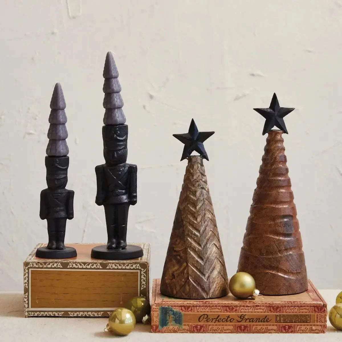 Carved Mango Wood Christmas Trees with Black Metal Star Seasonal & Holiday Decor