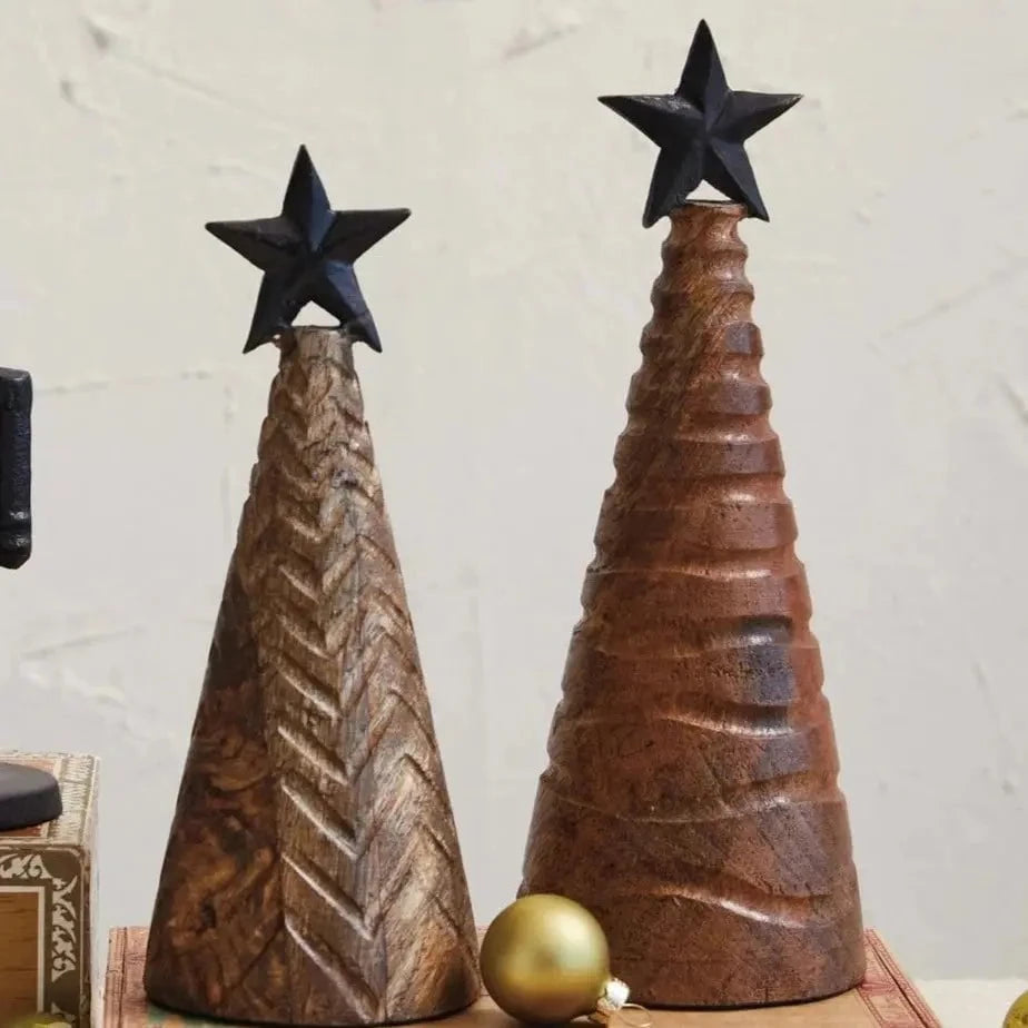 Carved Mango Wood Christmas Trees with Black Metal Star Seasonal & Holiday Decor