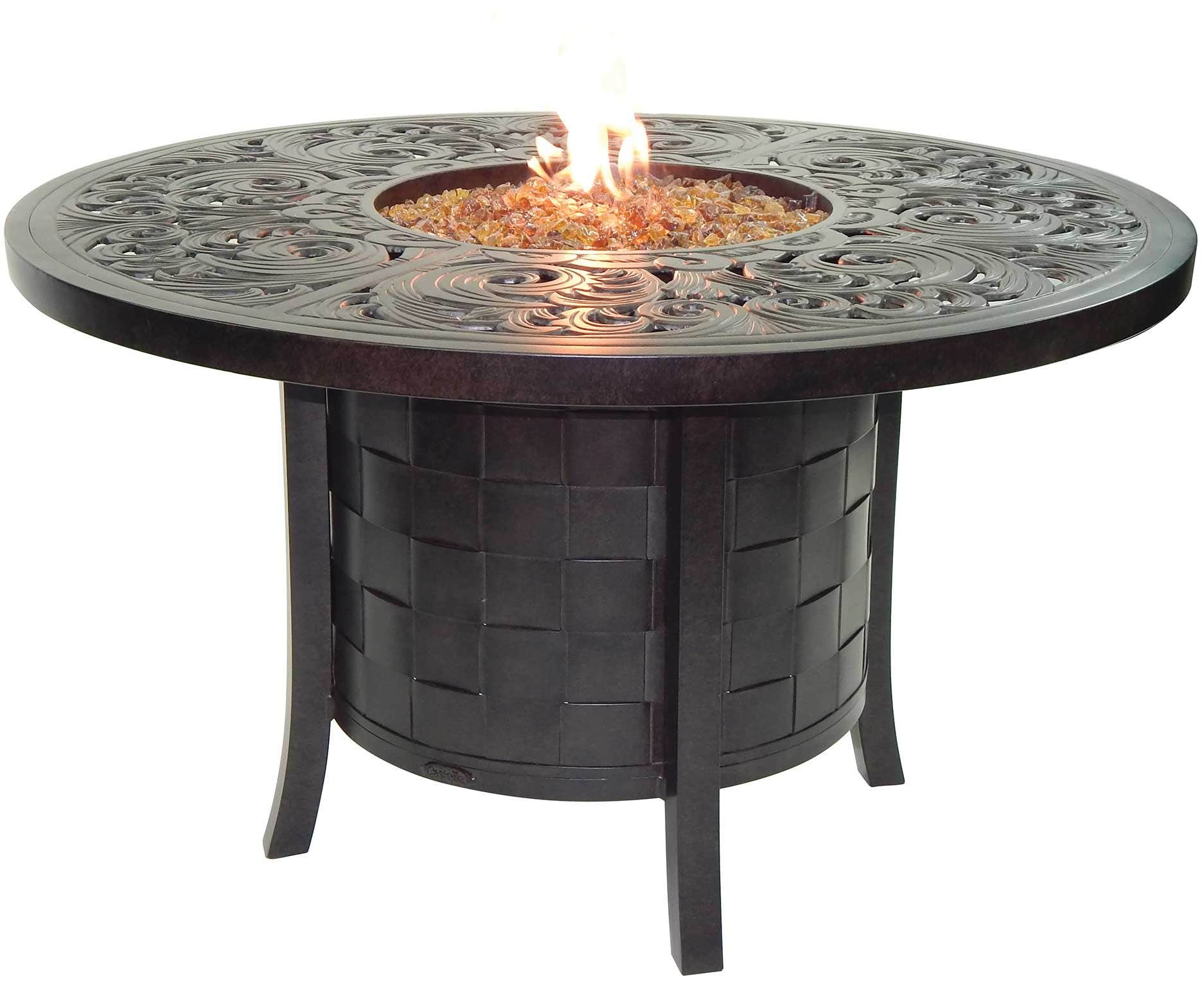 Castelle Classical 49 inch Round Fire Pit Dining Table with Live Edge Driftwood Top and Antique Dark Rum Finish Outdoor Tables 12026551