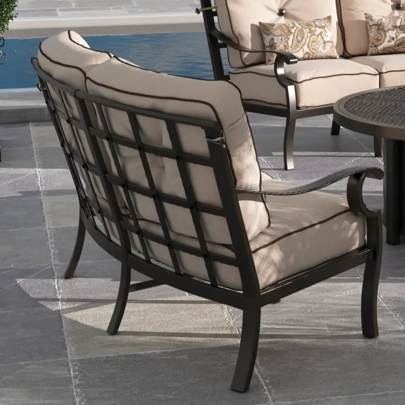 Castelle Monterey Cushioned Crescent Sofa in Antique Dark Rum Finish with Chartres Malt Cushion and Pillows Outdoor Sofas 12034204