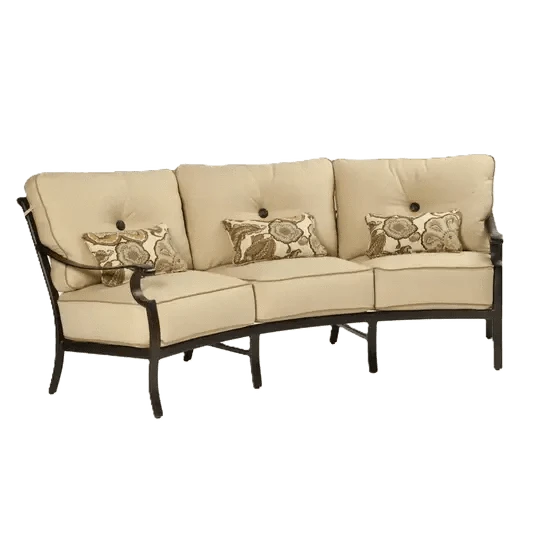 Castelle Monterey Cushioned Crescent Sofa in Antique Dark Rum Finish with Chartres Malt Cushions and Esti Birch Pillows 12038615