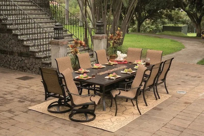 Castelle Monterey Sling Dining Chair with Antique Dark Rum Frame and Keetley Birch Fabric Outdoor Chairs 12027352