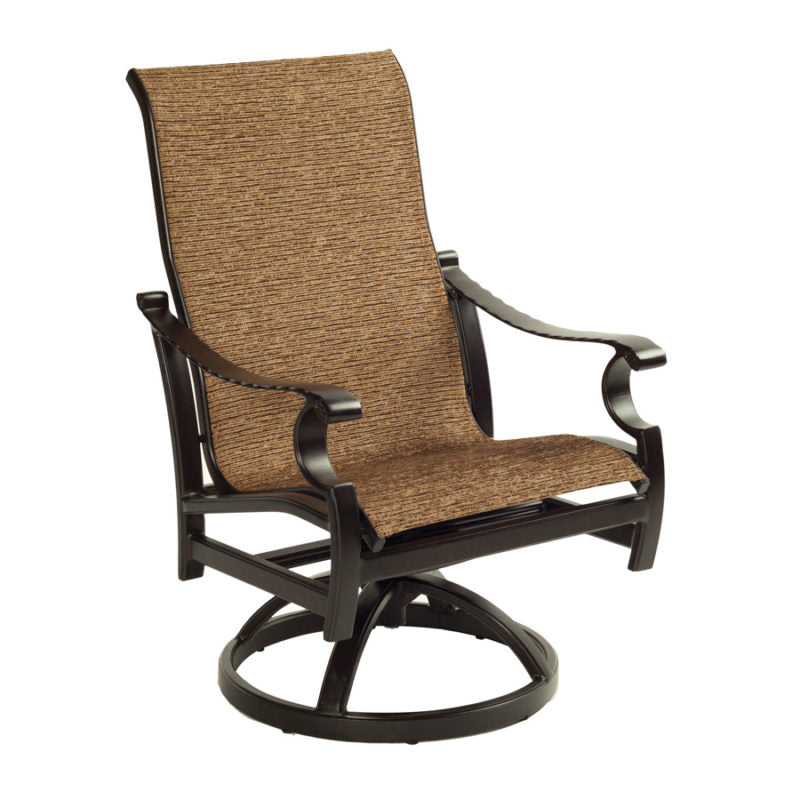 Castelle Monterey Sling Swivel Rocker Dining Chair in Antique Walnut Finish with Augustine Oyster Sling Outdoor Chairs 12038598