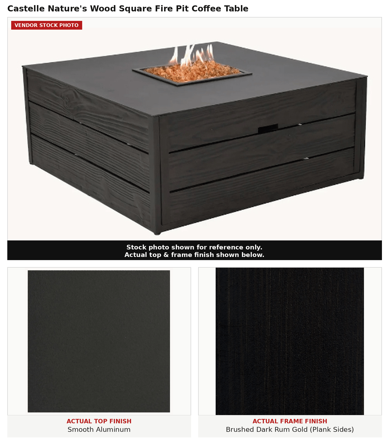Castelle Nature's Wood Square Fire Pit Coffee Table, Castelle, Nature's Wood, Rectangular Fire Pit Coffee Table in Brushed Dark Rum Gold Finish and Smooth Aluminum Top Fire Pits 12041787