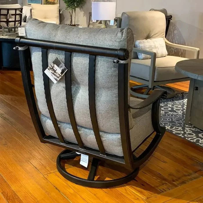 Castelle Telluride High Back Cushioned Lounge Swivel Rocker with One Accent Pillow in Antique Dark Rum Finish with Chartres Smoke Cushions Outdoor Chairs 12034211