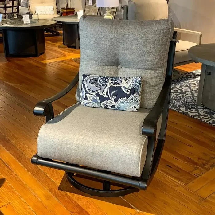 Castelle Telluride High Back Cushioned Lounge Swivel Rocker with One Accent Pillow in Antique Dark Rum Finish with Chartres Smoke Cushions Outdoor Chairs 12034211