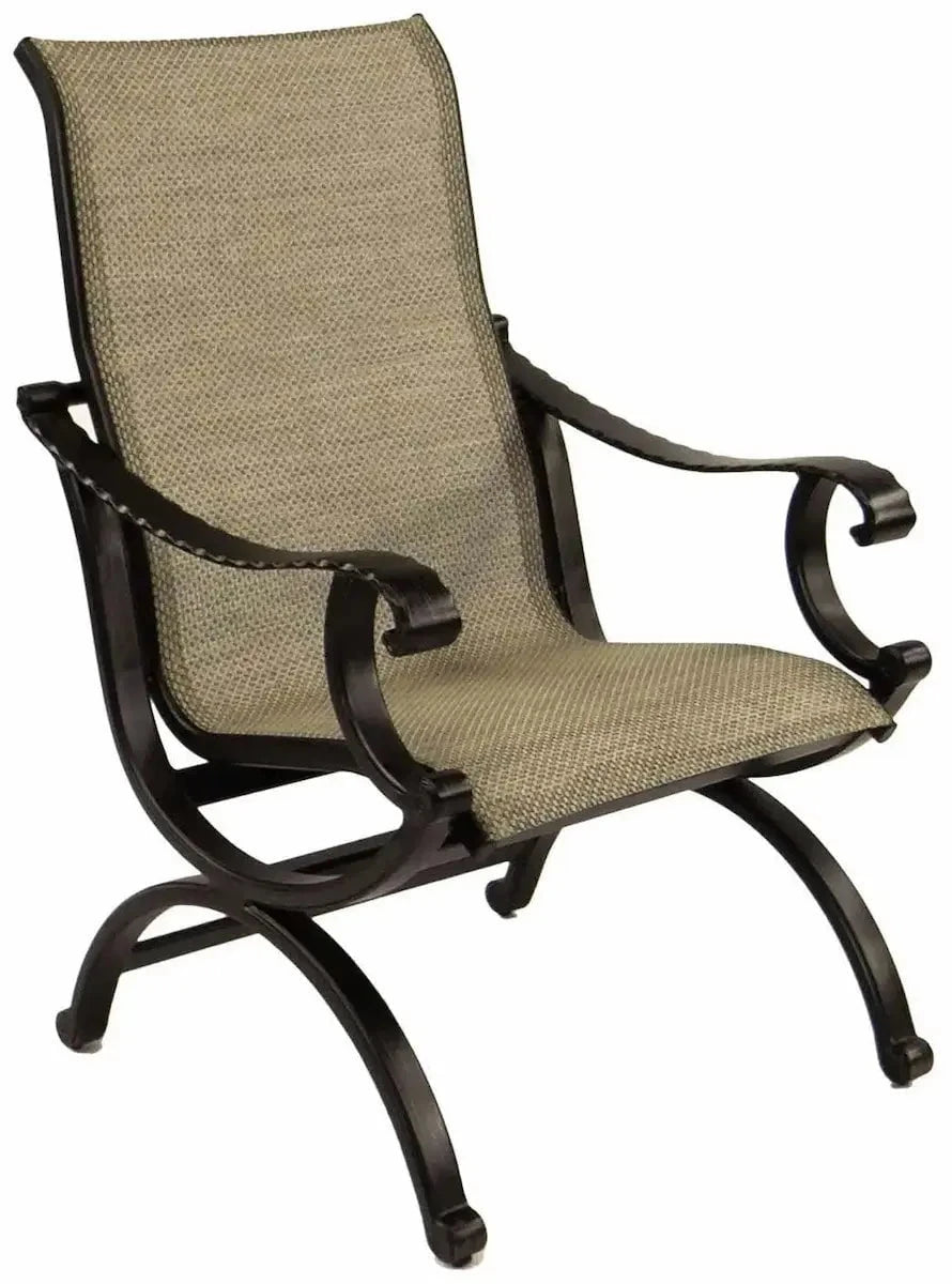 Castelle Telluride Sling Dining Chair with Antique Walnut Frame and Augustine Oyster Sling Outdoor Chairs 12030655