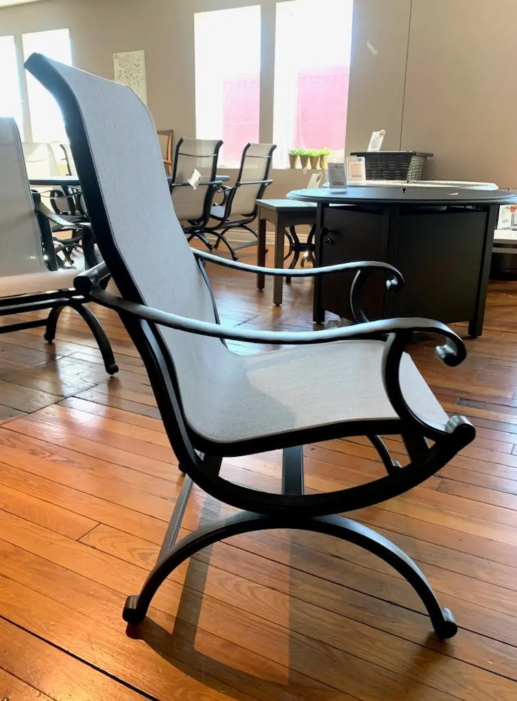 Castelle Telluride Sling Dining Chair with Antique Walnut Frame and Augustine Oyster Sling Outdoor Chairs 12030655