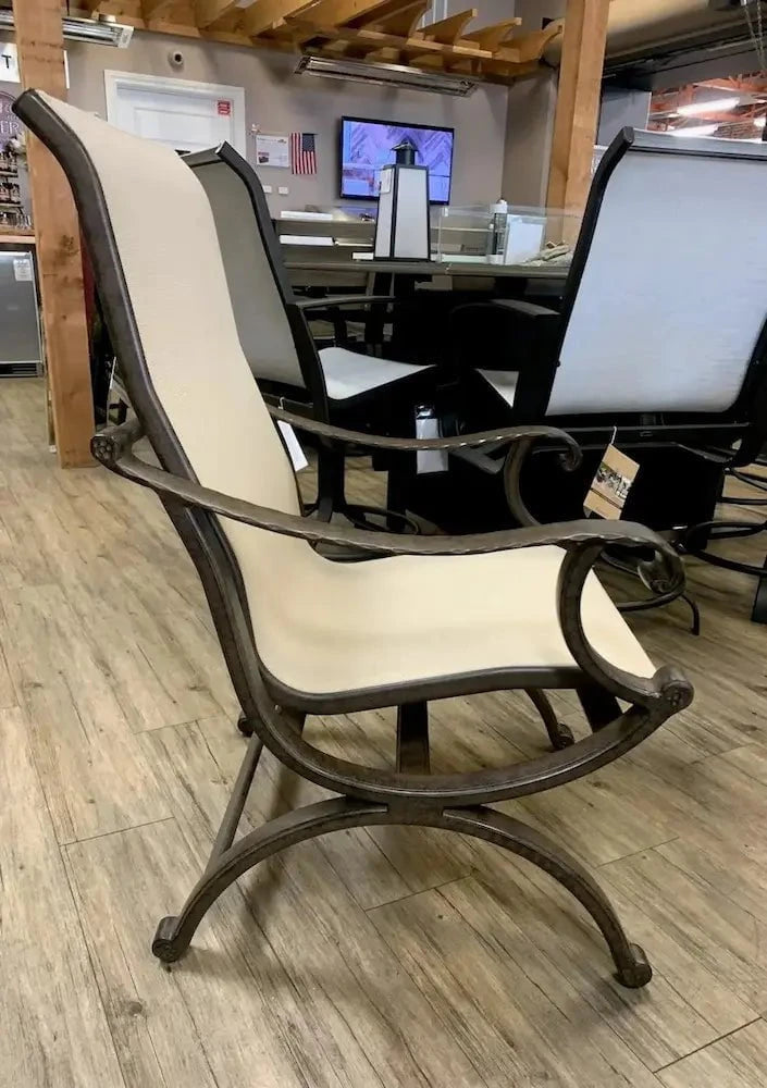 Castelle Telluride Sling Dining Chair with Antique Walnut Frame and Sailing Sahara Sling Outdoor Chairs 12029366