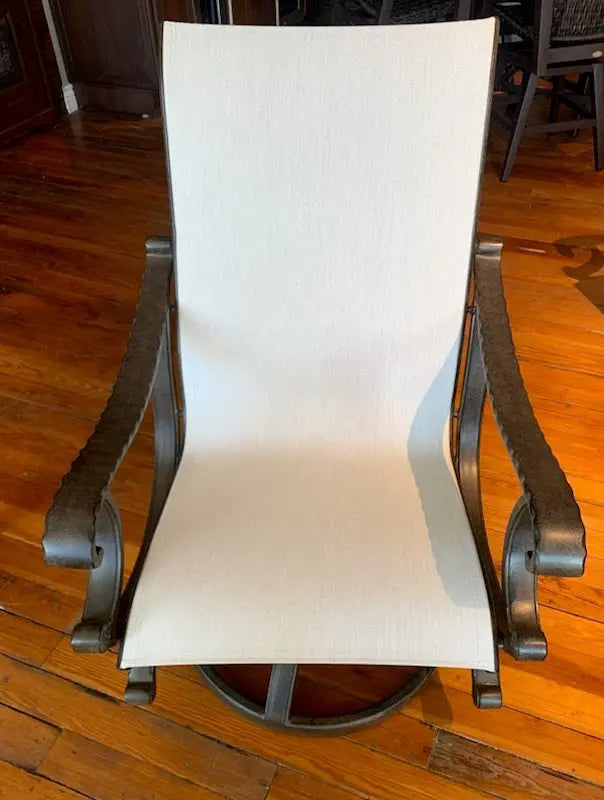 Castelle Telluride Sling Swivel Rocker with Antique Walnut Frame and Augustine Oyster Sling Outdoor Chairs 12030656