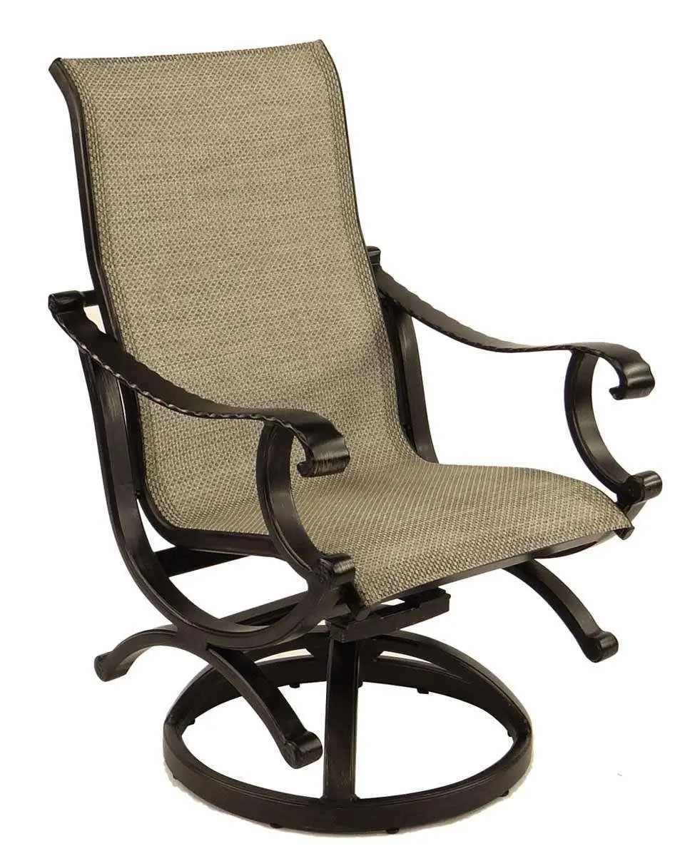Castelle Telluride Sling Swivel Rocker with Antique Walnut Frame and Augustine Oyster Sling Outdoor Chairs 12030656