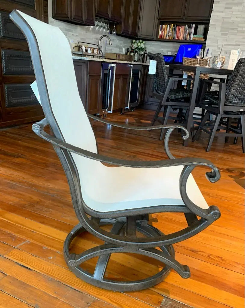 Castelle Telluride Sling Swivel Rocker with Antique Walnut Frame and Augustine Oyster Sling Outdoor Chairs 12030656