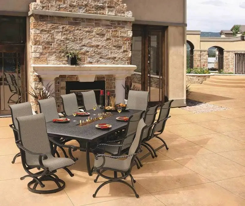 Castelle Telluride Sling Swivel Rocker with Antique Walnut Frame and Augustine Oyster Sling Outdoor Chairs 12030656