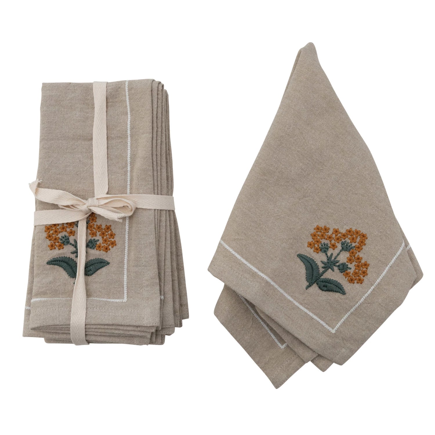Cotton Napkins w/ Floral Embroidery & French Knots, Set of 4 12044599