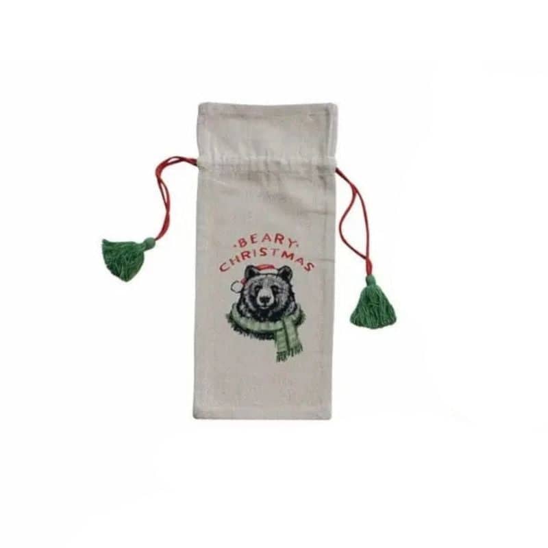 Creative Co-op Christmas Cotton Chambray Printed Drawstring Wine Bag with Tassels Wine Carrier Bags Beary Christmas 12047842