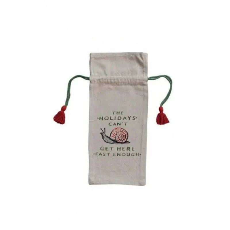 Creative Co-op Christmas Cotton Chambray Printed Drawstring Wine Bag with Tassels Wine Carrier Bags Holiday Snail 12047844