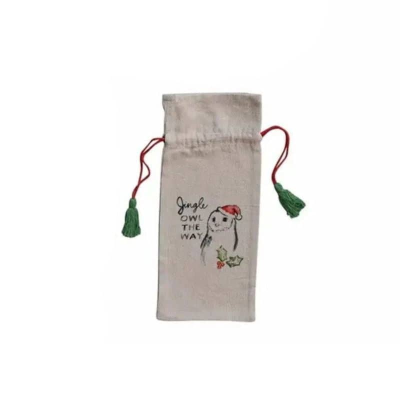 Creative Co-op Christmas Cotton Chambray Printed Drawstring Wine Bag with Tassels Wine Carrier Bags Jingle Owl the Way 12047845