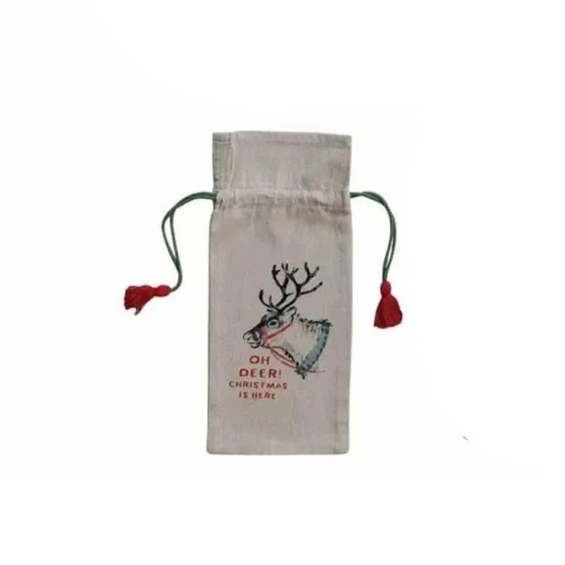 Creative Co-op Christmas Cotton Chambray Printed Drawstring Wine Bag with Tassels Wine Carrier Bags Oh Deer, Christmas is Here 12047846