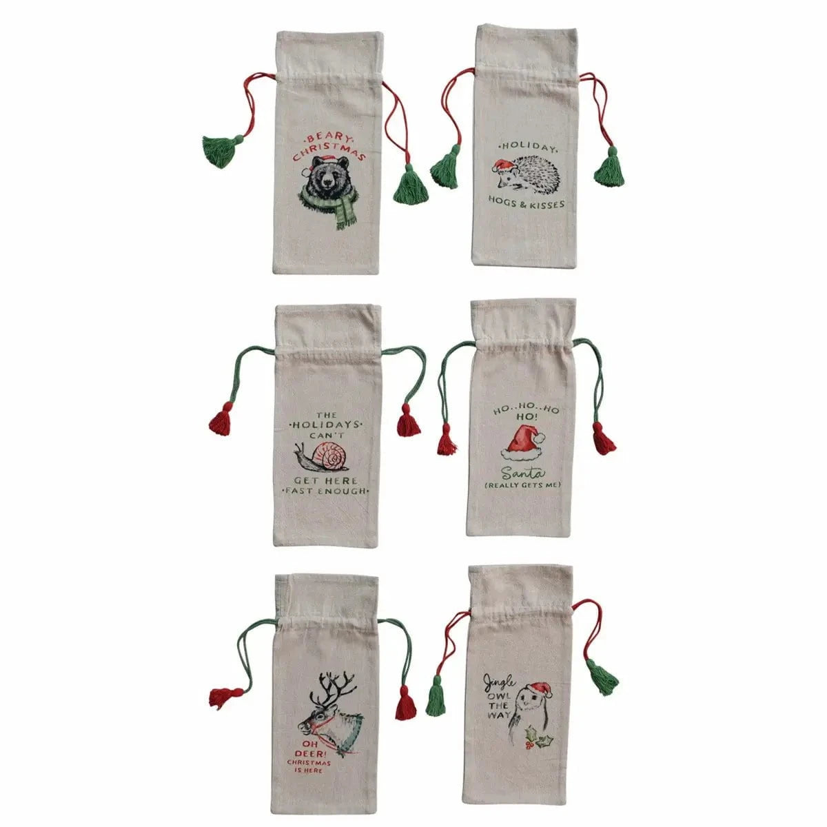 Creative Co-op Christmas Cotton Chambray Printed Drawstring Wine Bag with Tassels Wine Carrier Bags