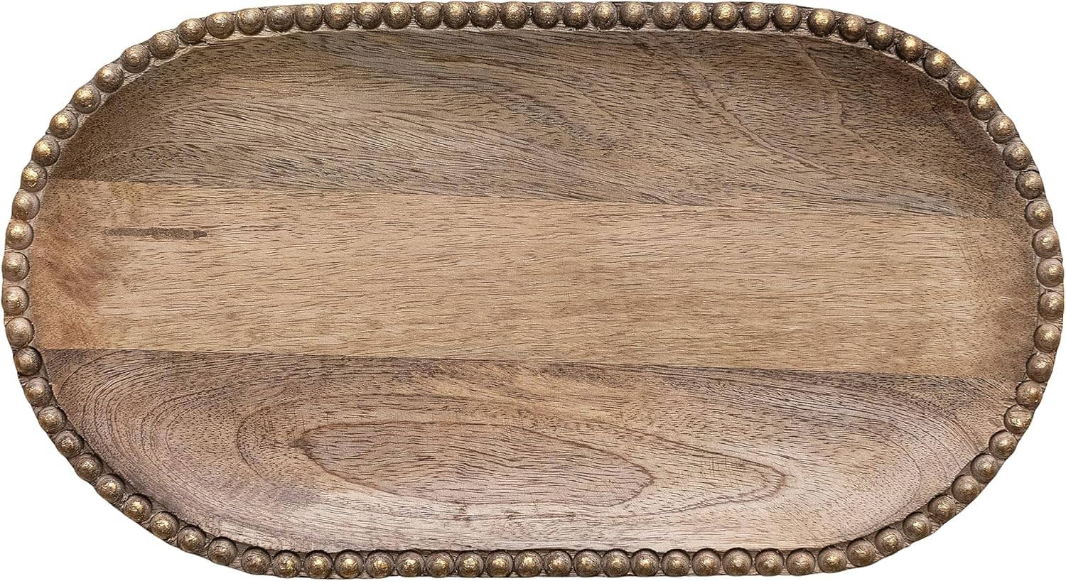 Creative Co-Op Hand-Carved Mango Wood Tray with Wood Beads & Gold Finish Decorative Trays 12047306