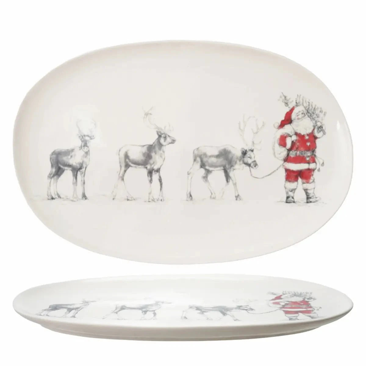 Creative Co-Op Oval Stoneware Serving Platter with Santa Leading Reindeer Image Decor 12047822