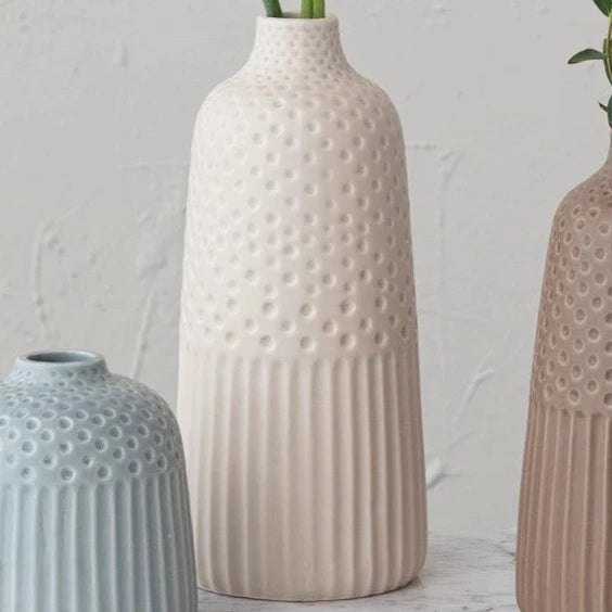 Debossed Stoneware Vases with Matte Glaze