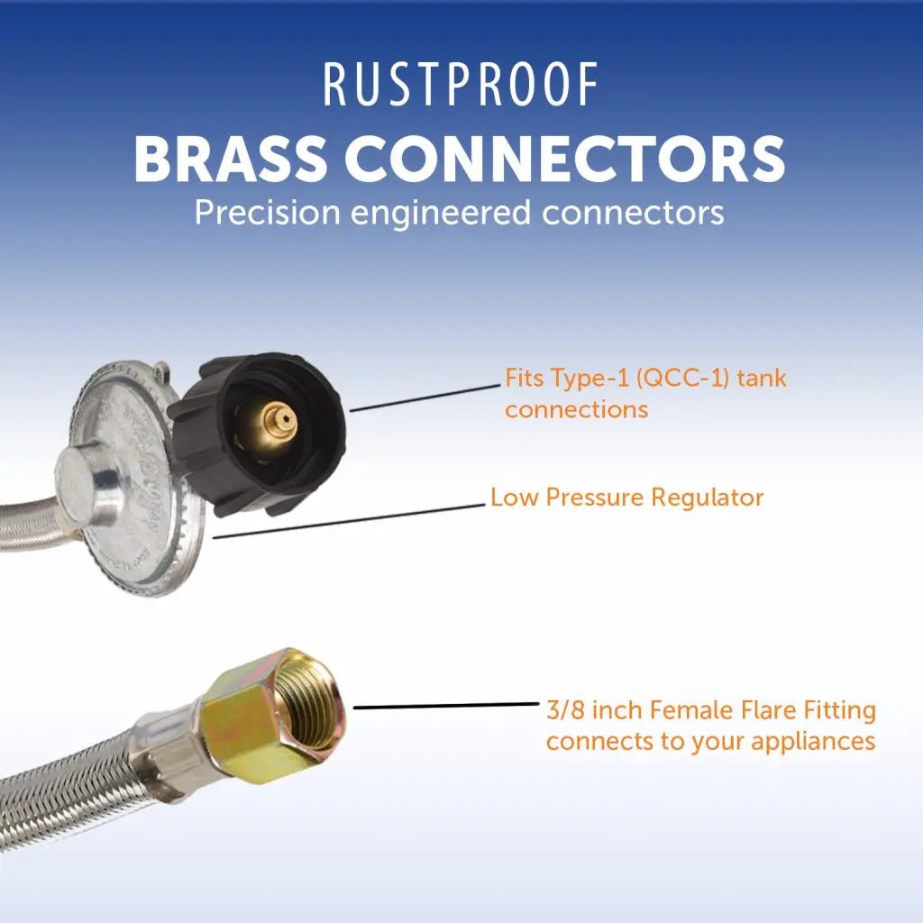 Flame King 5' QCC to 3/8″ Female Flare Nut w/Regulator-Steel Braided Hose Outdoor Grill Accessories 12042138