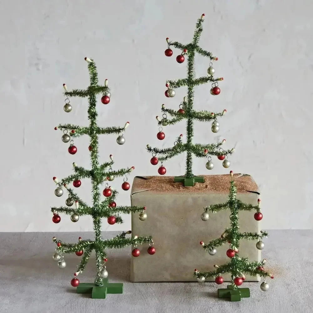 Green Tinsel Tress with Red & Silver Ornaments Seasonal & Holiday Decorations