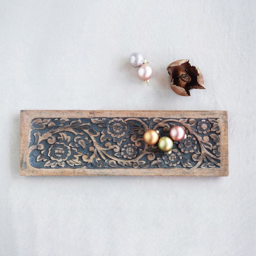 Hand-Carved Mango Wood Tray with Floral Motif Decor 12038706
