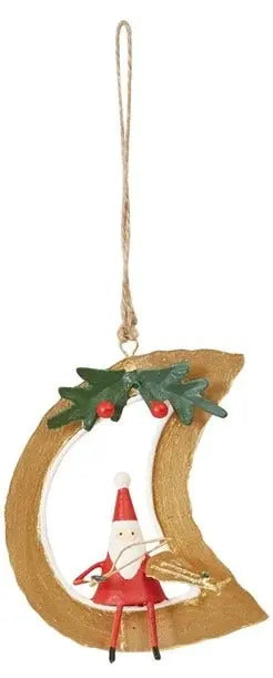 Hand-Painted Tin Santa on Moon Ornament Holiday Ornaments