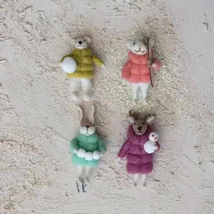 Handmade Wool Felt Animals in Winter Coat Ornaments Holiday Ornaments