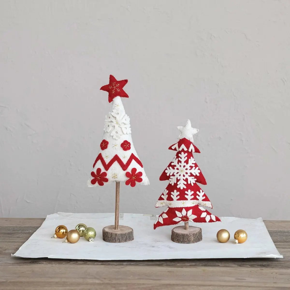 Handmade Wool Felt Red & White Christmas Trees Seasonal & Holiday Decorations