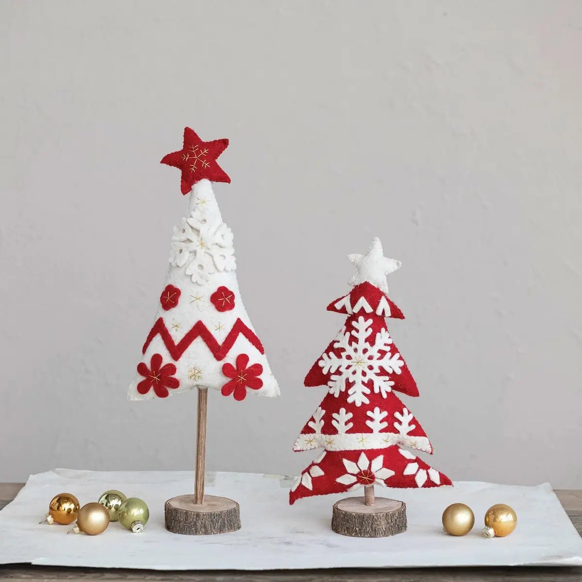 Handmade Wool Felt Red & White Christmas Trees Seasonal & Holiday Decorations