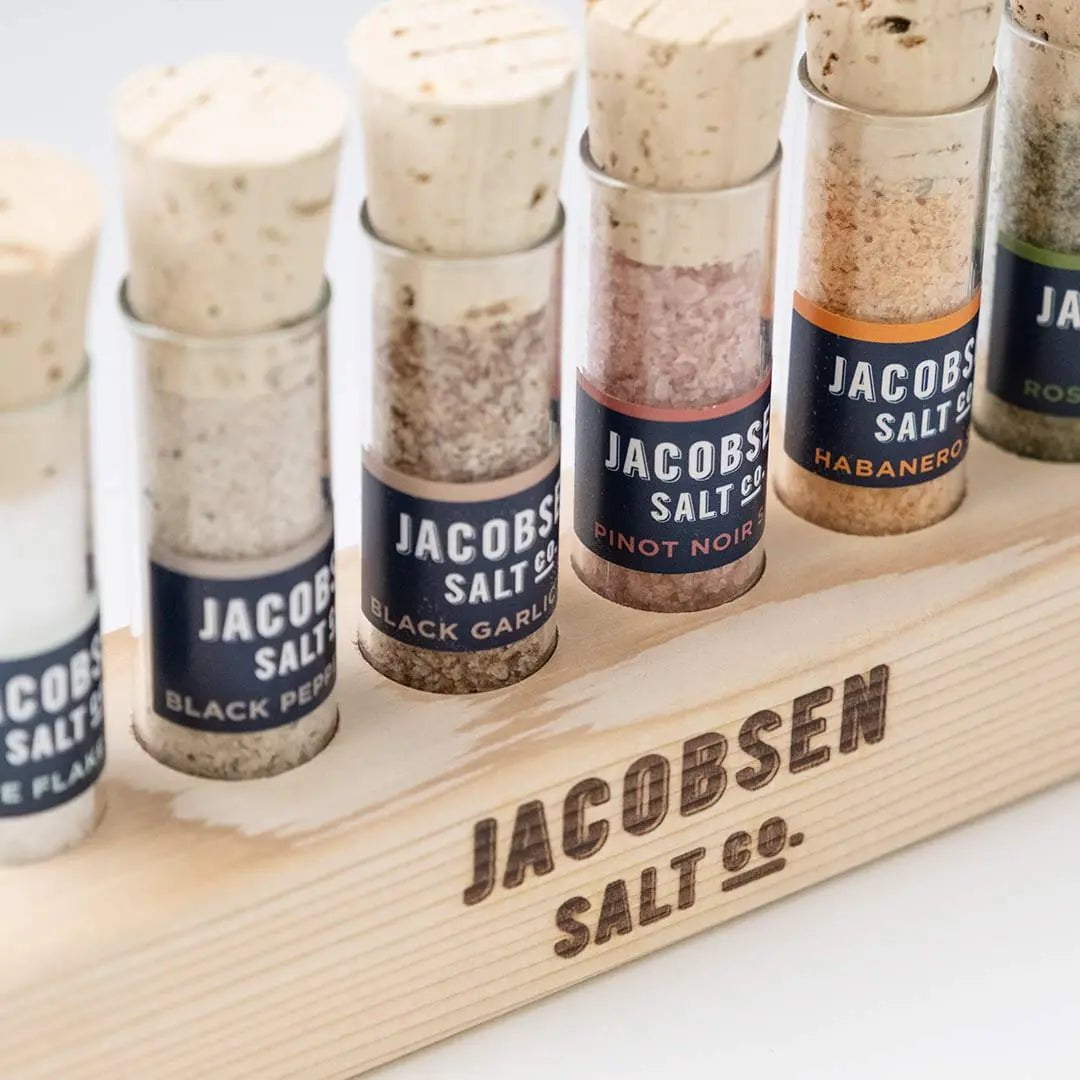 Jacobsen Six Vial Infused Salt Set with Branded Wood Stand