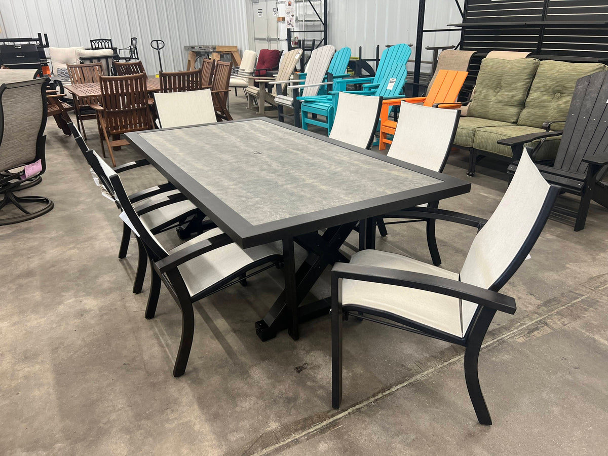 Local Special: Castelle Oxford 44x86 Dining Table with Polaris Slate Top and Antique Dark Rum Base and 6 Orion Sling Dining Chairs in Antique Dark Rum with Augustine Oyster Sling 12049957